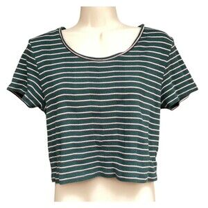 American Eagle Women's L tee shirt crop top blue stripe short sleeve Dark Green